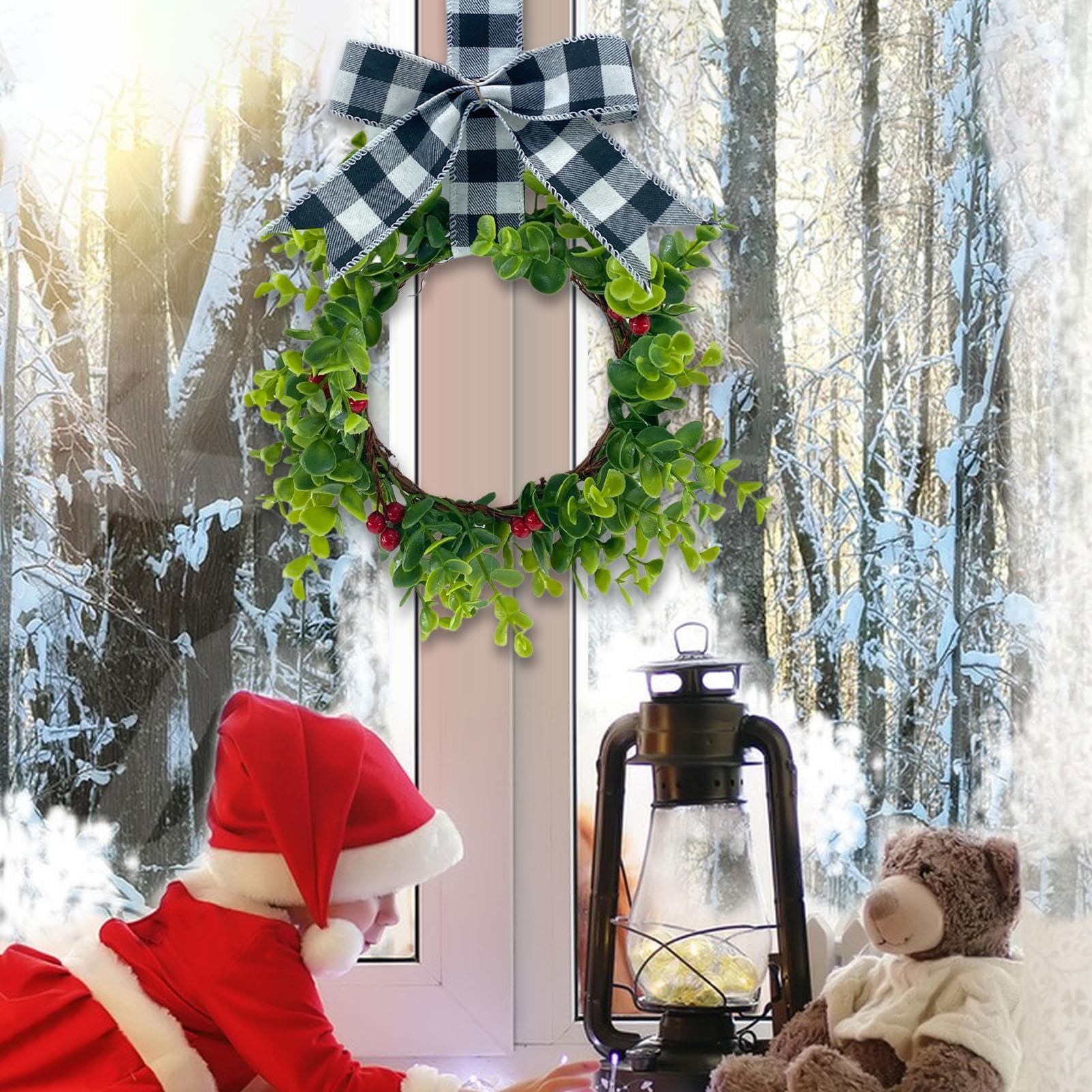 Ghirlanda Natalizia Mini Per Armadietti: 13 Cm Con Bacche Rosse E Fiocco, Decorazione Per Casa E Porte