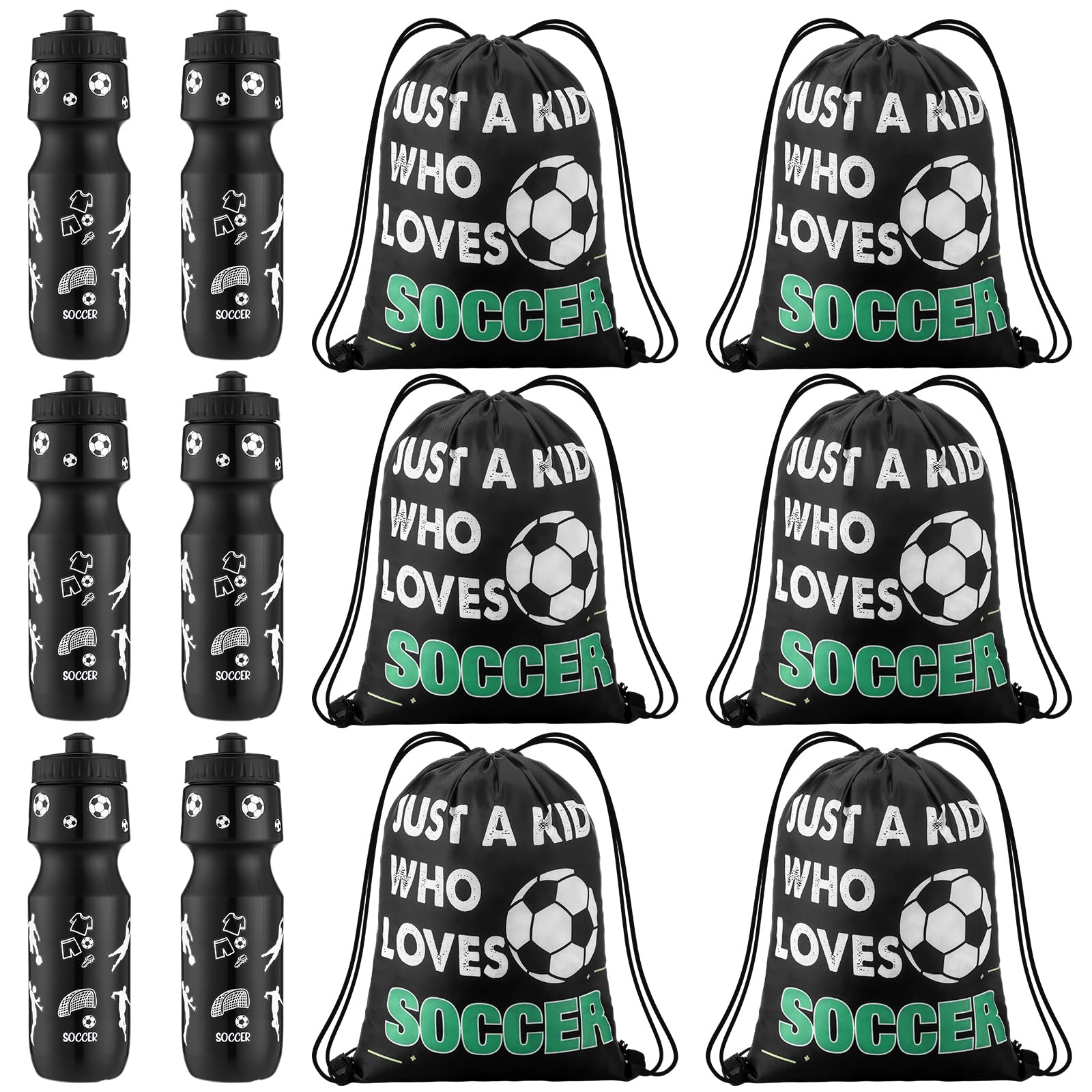12 piezas de regalos de fiesta de fútbol de 24 onzas botella de agua de regalo de fútbol con bolsa de cordón, bolsas de regalo para equipos deportivos, decoración de cumpleaños