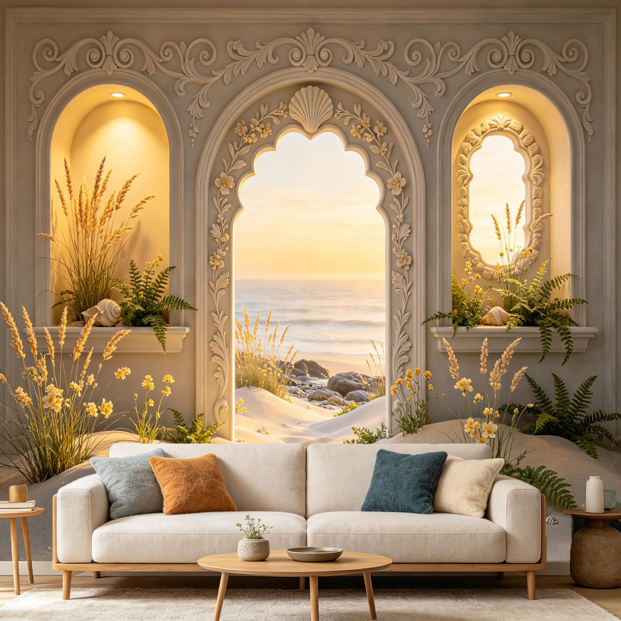 Custom Size Wall Mural， Coastal Mediterranean Beach Archway Sunset Seascape 3D Trompe L'Oeil， SelfAdhesive Art Prints wall Fabric Removable Large Wallpaper Home Living Room Decor