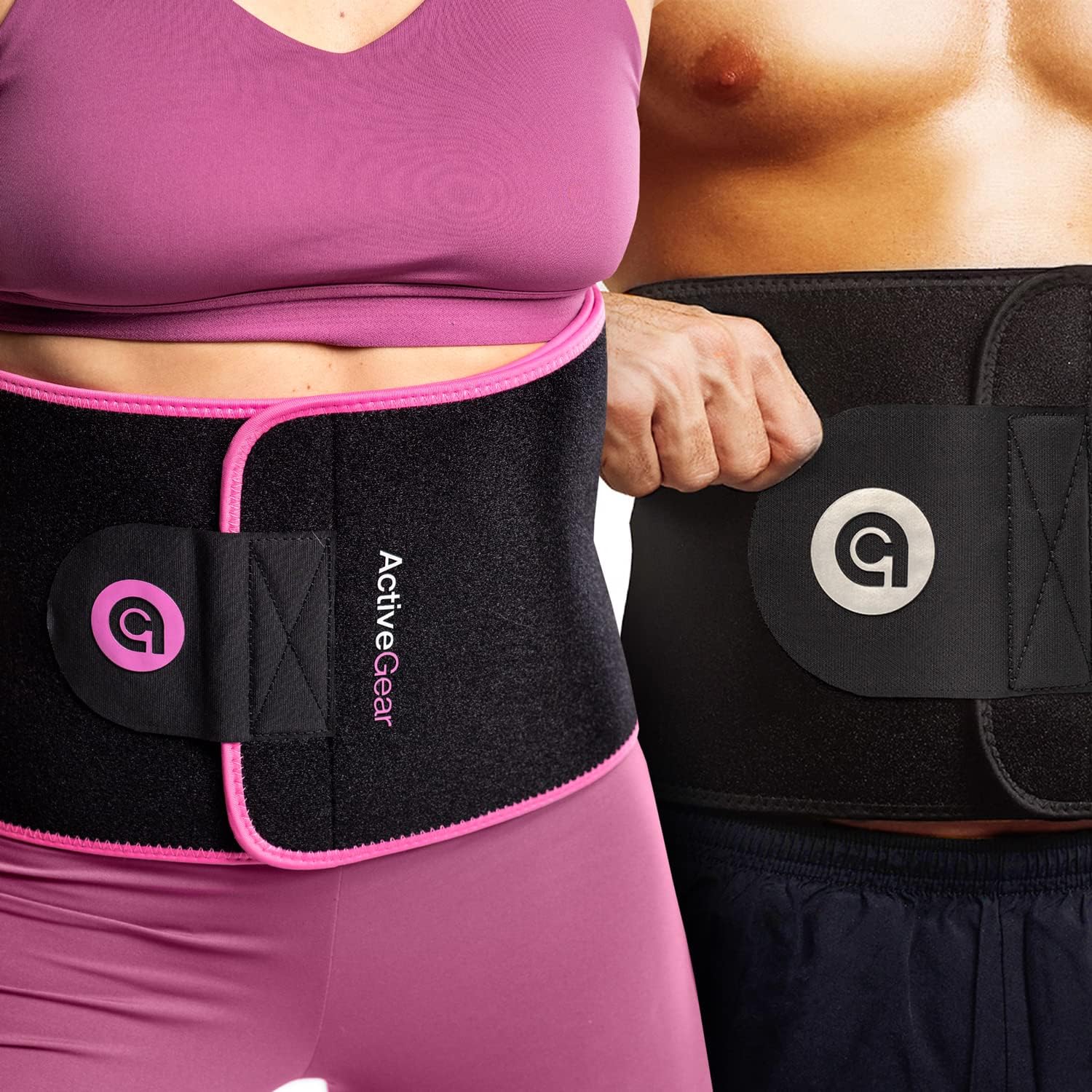 ActiveGear Waist Trimmer Belt Bundle for Men & Women – Sweat Band Waist Trainer Belt for a Toned Look - Reinforced Trim and Double Velcro (Silver & Pink Hem, Large: 9” x 46”)
