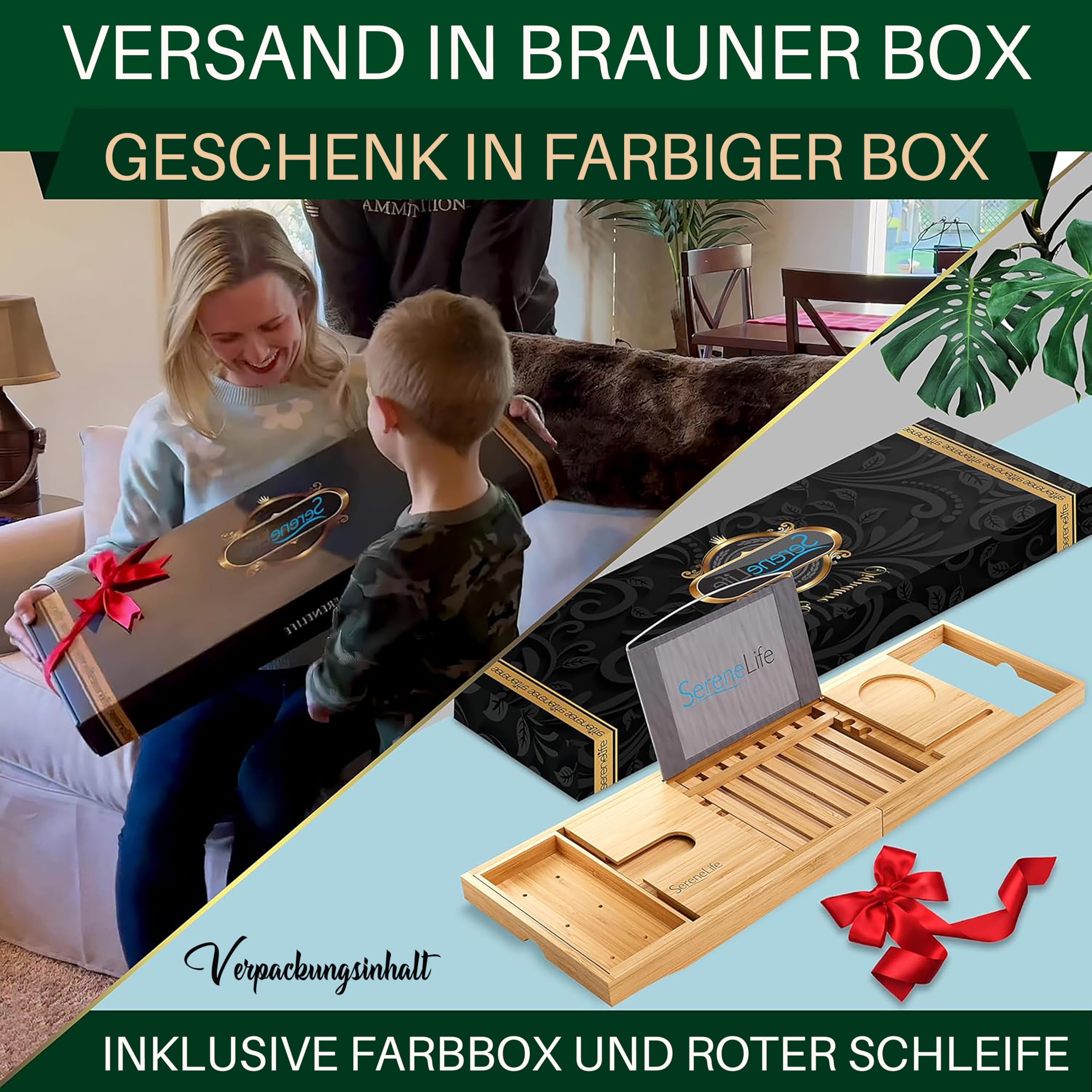 SereneLife Badewannenablage Bambus Natur, ausziehbar mit Weinglashalter | Badewannenbrett Holz, 70–104 cm verstellbar, Tablethalter, Seifenablage, schimmelresistent, Geschenkbox