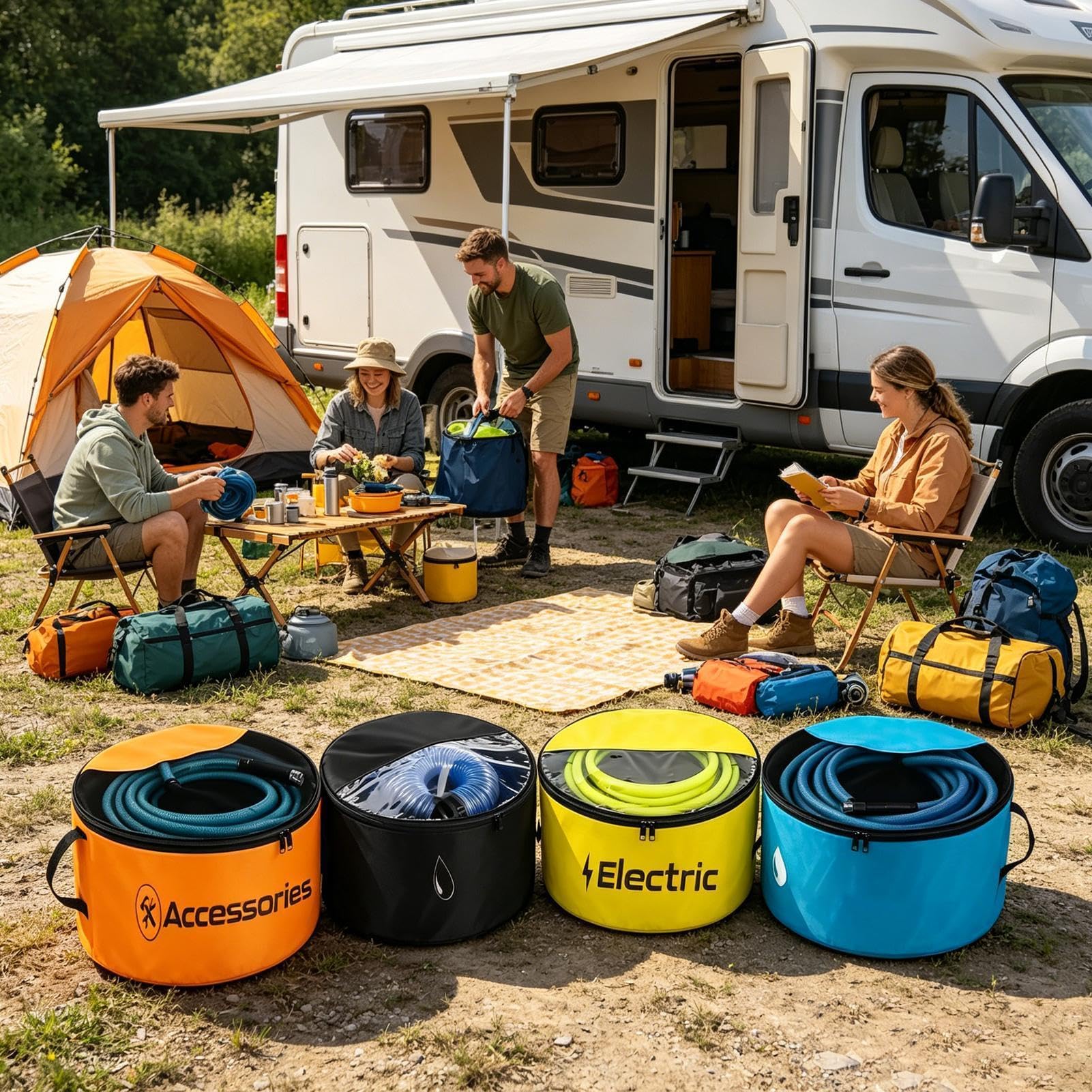 Sacca Portatubo da Camper 4 Organizer Impermeabili Traspiranti | Borsa Per Tubo 'Acqua Con Cerniera A Doppia Apertura E Copertura Trasparente Per Attrezzo Da Giardino Esterno E Campeggio