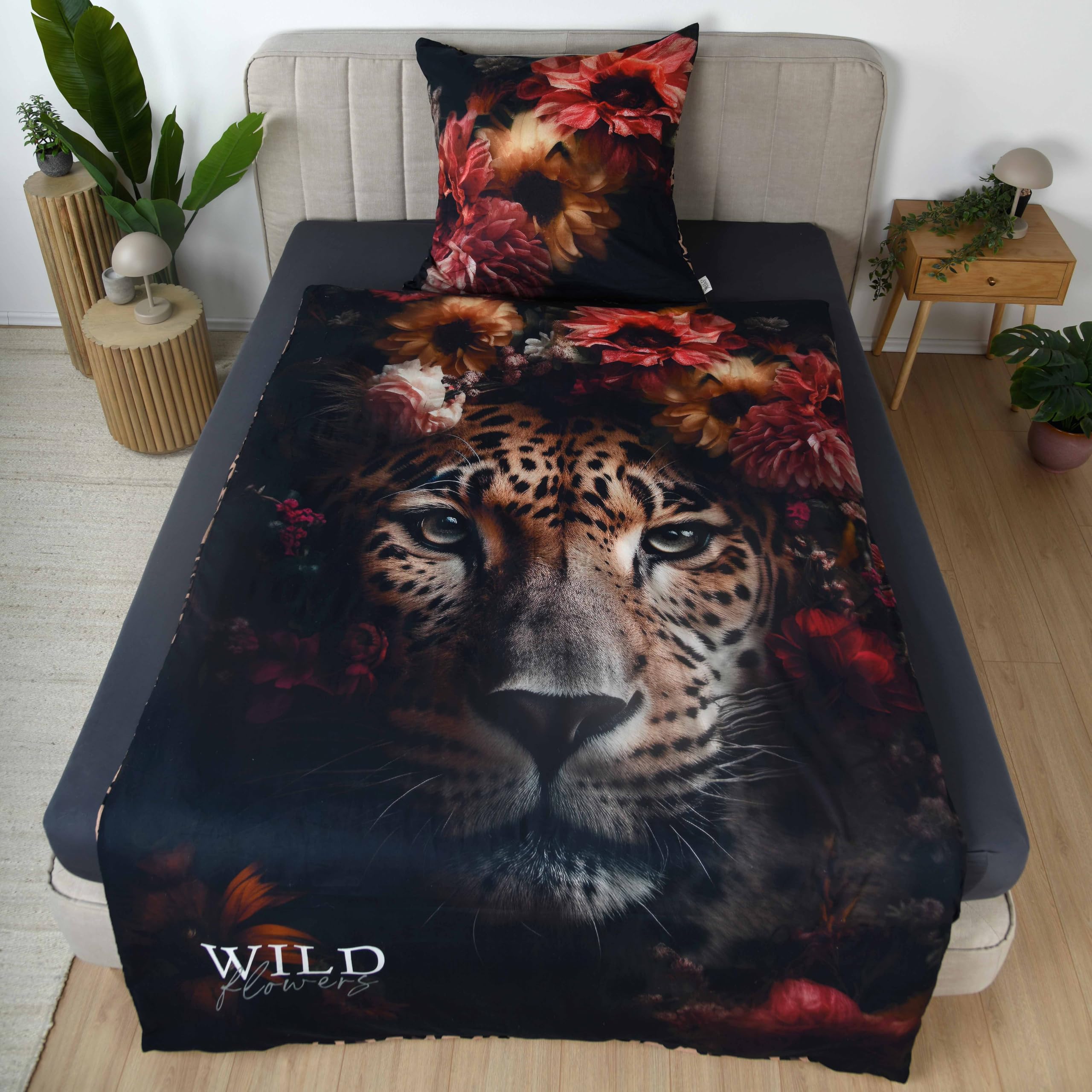 Herding Wild Flowers Bettwäsche-Set Leopard, 80 x 80 cm + 135 x 200 cm, mit Reißverschluss, 100% Baumwolle/Renforcé, Mehrfarbig