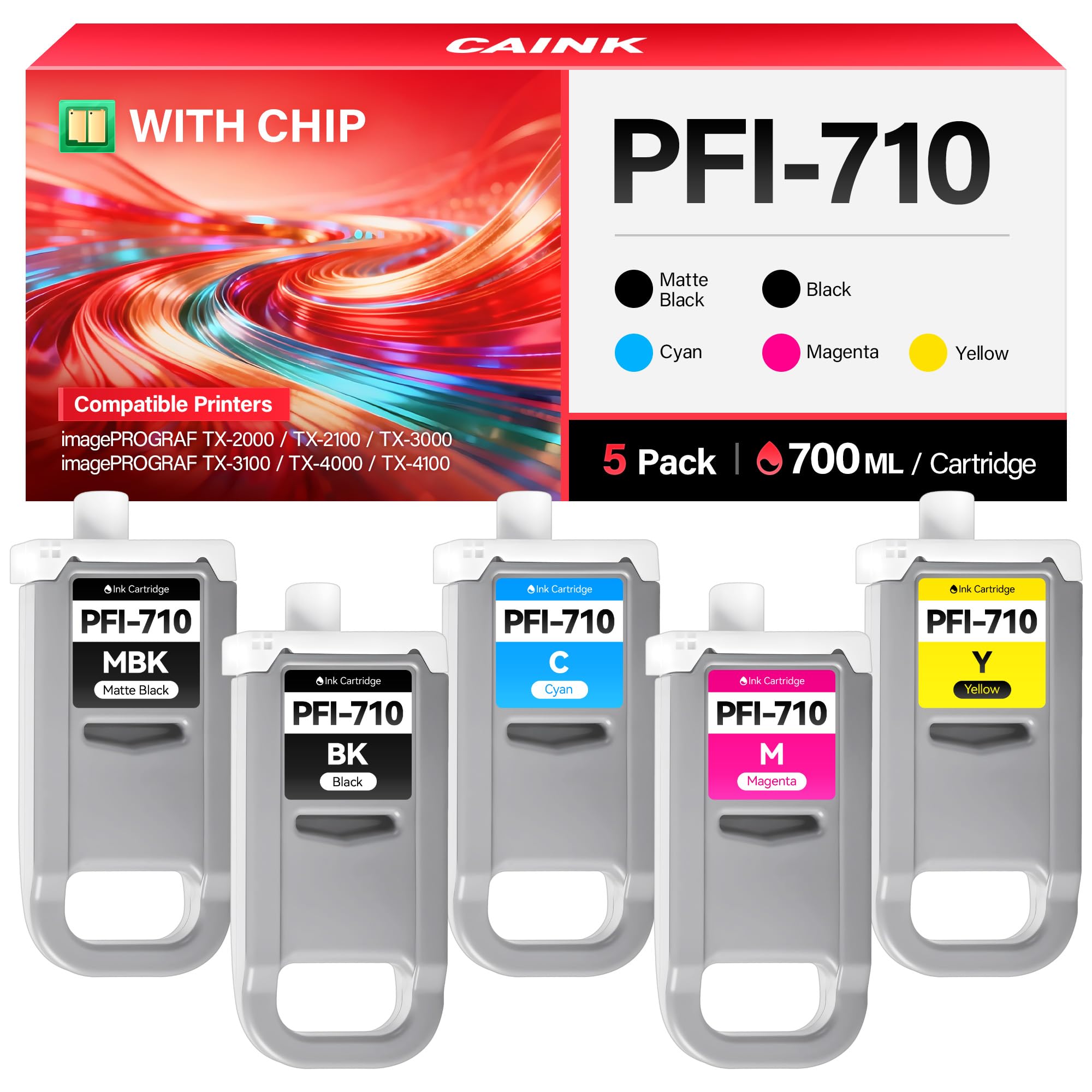 PFI-710 Pigment Ink Tank Set 5-Pack 700ml High Capacity Replacement for Canon PFI-710 PFI710 Ink Cartridges Compatible with Canon imagePROGRAF TX-2000 TX-2100 TX-3000 TX-3100 TX-4000 TX-4100 Printer