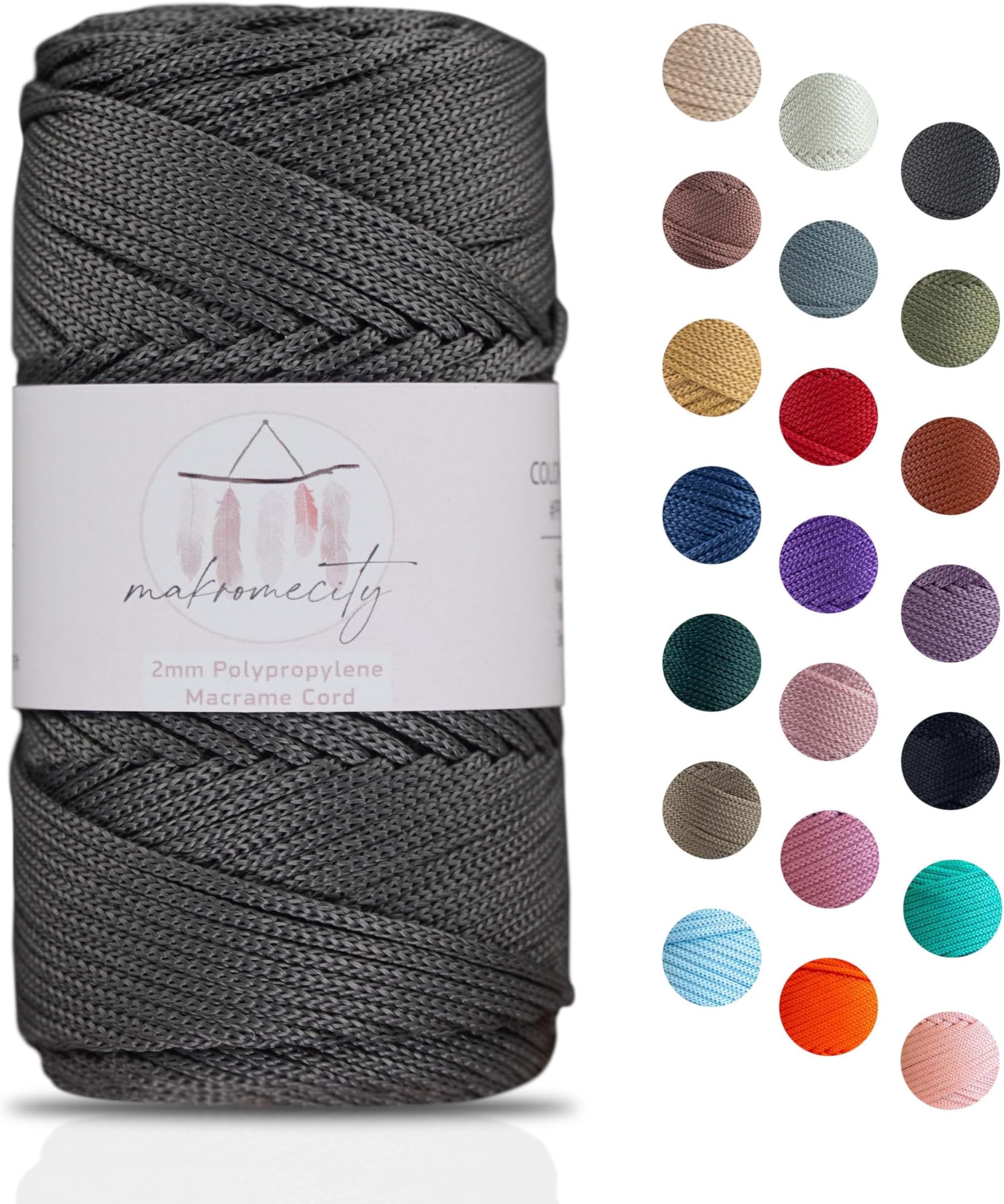 Makromecity, Polyester Macrame Cord 2mm x 125 Yards (375 feet) 2mm Polypropylene Macrame Cord Crochet Macrame Bag Cord Crafts for Wall Hangings, Bags, Underplate, Rug (1, Anthracite)