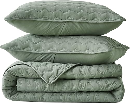 Miniatura 9 de Chezmoi Collection Destiny - Juego de edredón de 3 piezas, tamaño King, color salvia - Juego de colcha acolchada ligera de microfibra suave lavada a