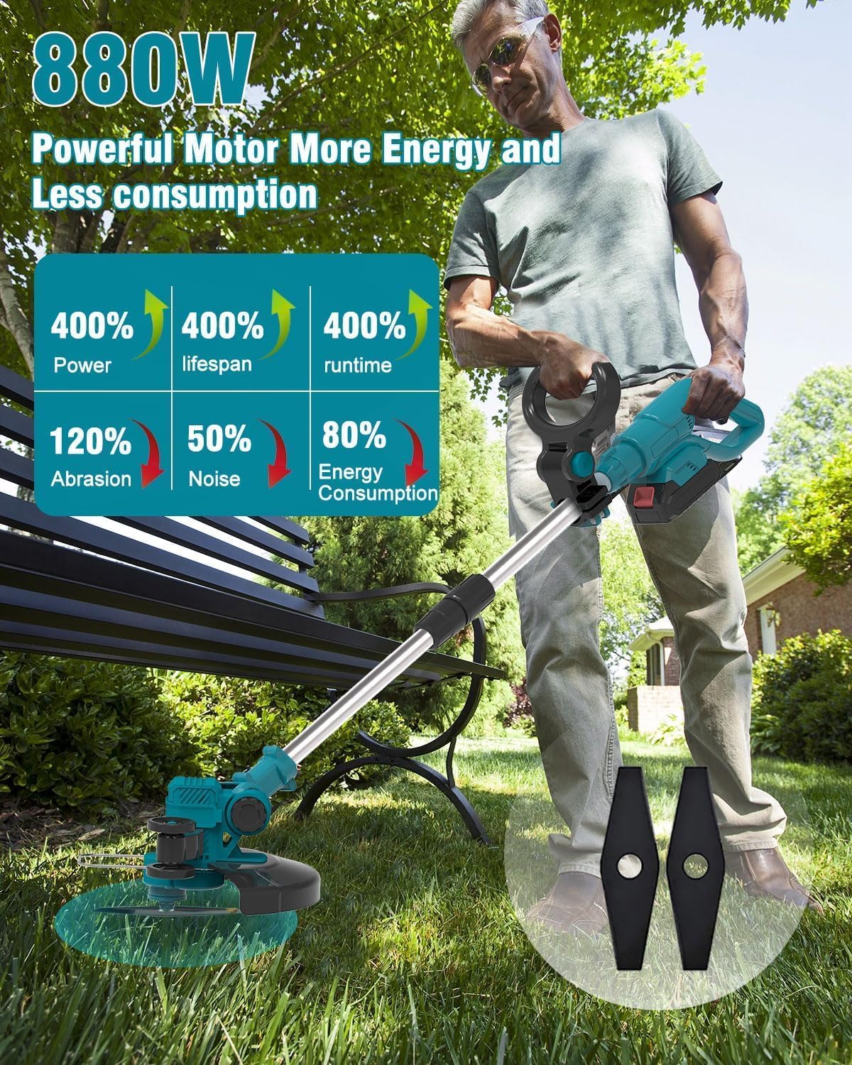 Electric Weed Wacker Cordless, 21V Electric Weed Cordless Eater Battery Powered with 2Pcs 4.0Ah Batteries, 3 in 1 Stringless Grass Trimmer/Edger/Brush Cutter for Lawn Yard Garden