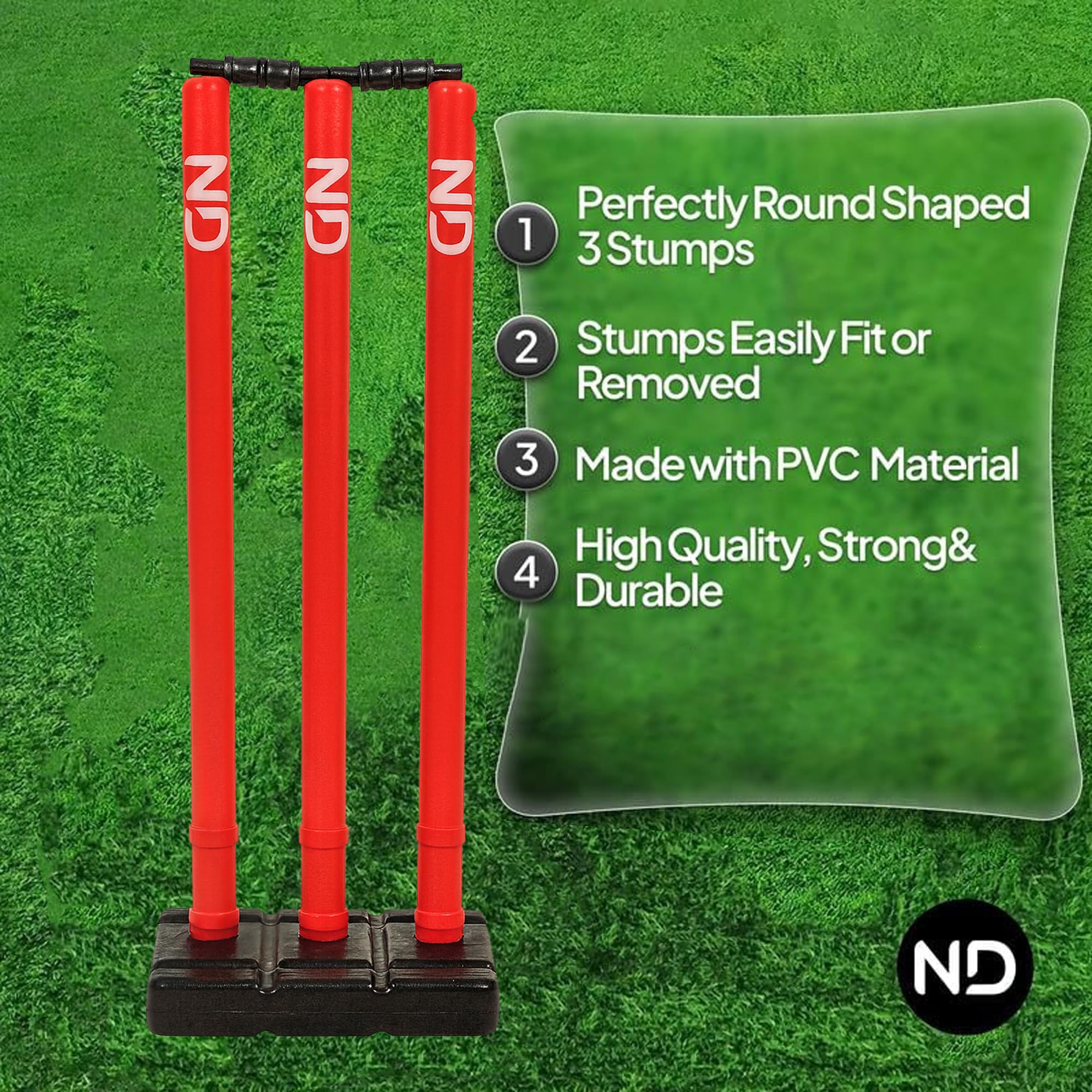 ND Sports Wicket Stumps with Bail - Durable, Lightweight & Portable Cricket Set for All Surfaces, Red / Black, Junior (Size 5) - Pack 1 - Image 4