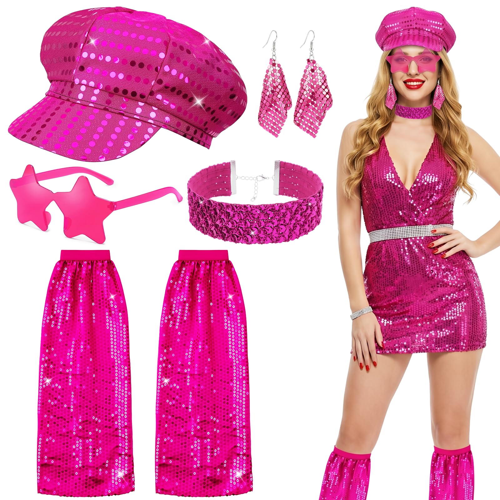 Kyndara 5Pcs Disco Fancy Dress Kit for Women, Abba Accessories Set with Sparkly Hat Leg Warmers Sunglasses Earrings Choker Necklace for Theme Parties Retro Events (Rose Red) — image 1