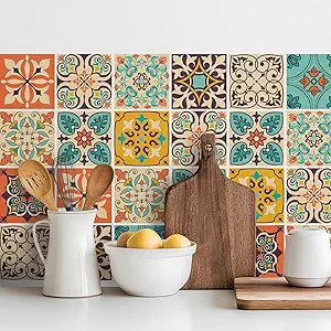 Vintage Moroccan Bohemian Tile Stickers 30 PC Pack - Self-Adhesive PVC Waterproof Wall Decals Kitchen Bathroom Backsplash Decor - 4x4 Inch