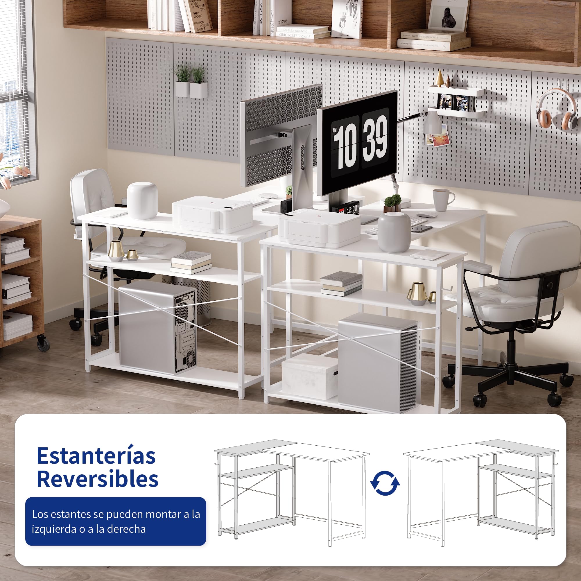 PAMRAY Escritorio en L de 109 cm, Mesa de Trabajo con Estantes Laterales Reversibles, Escritorio Esquinero para PC, Gaming y Oficina en Casa Ideal para Estudiar y Jugar, Blanco