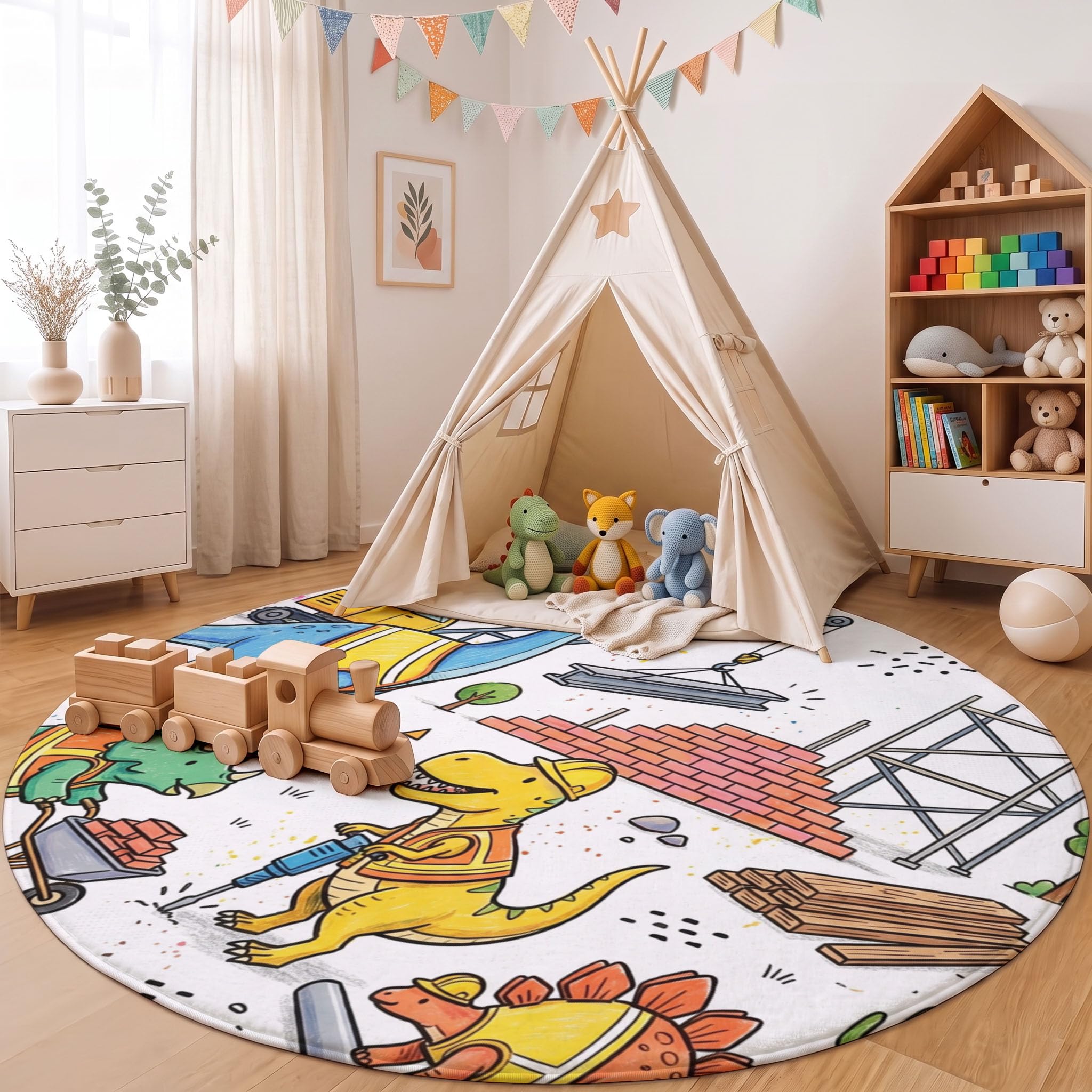 180cmRunder Kinderteppich Interessante Tiere, Weicher Kuscheliger Teppich