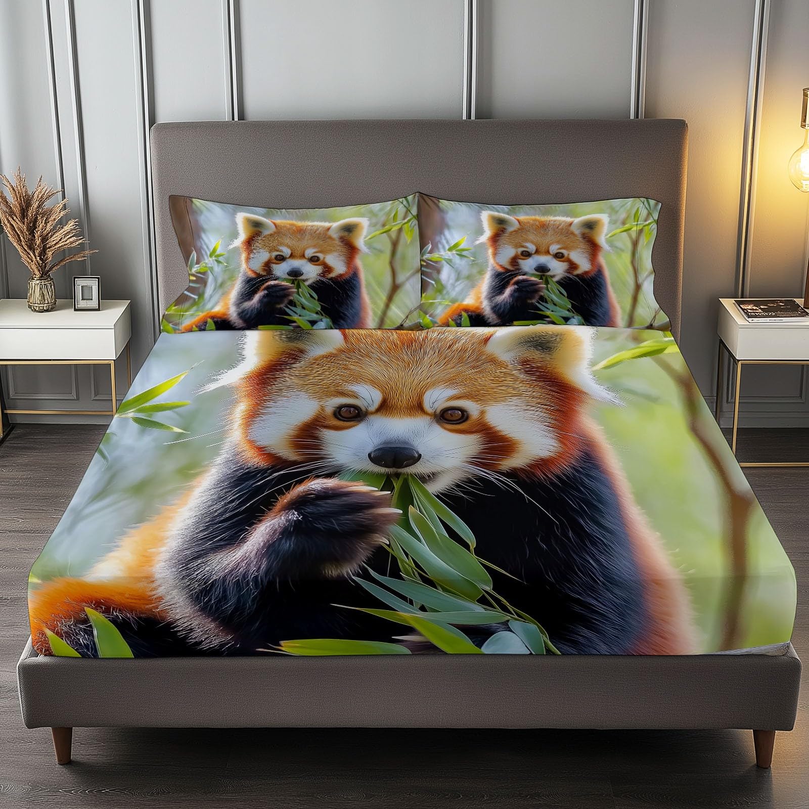 Fitted Sheet Set for Kids Teens Nature Animal Red Panda Bed Sheet Queen Size 3D Print Orange Color Style Sheet Set 4 Piece, Soft Lightweight