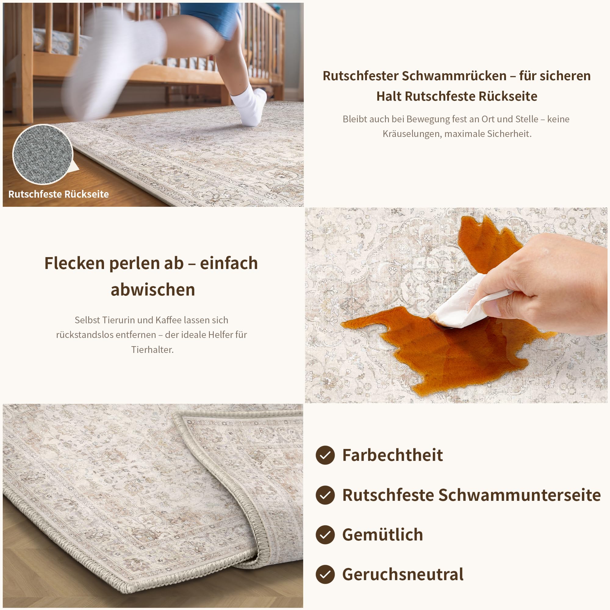 PureCozy Teppich Wohnzimmer 200x300cm Waschbarer Vintage Beige Tepich for Schlafzimmer kurzflor rutschfest Weich Böhmischen Groß Retro Carpet für Küchen Esszimmer Bedroom Büro Living Room
