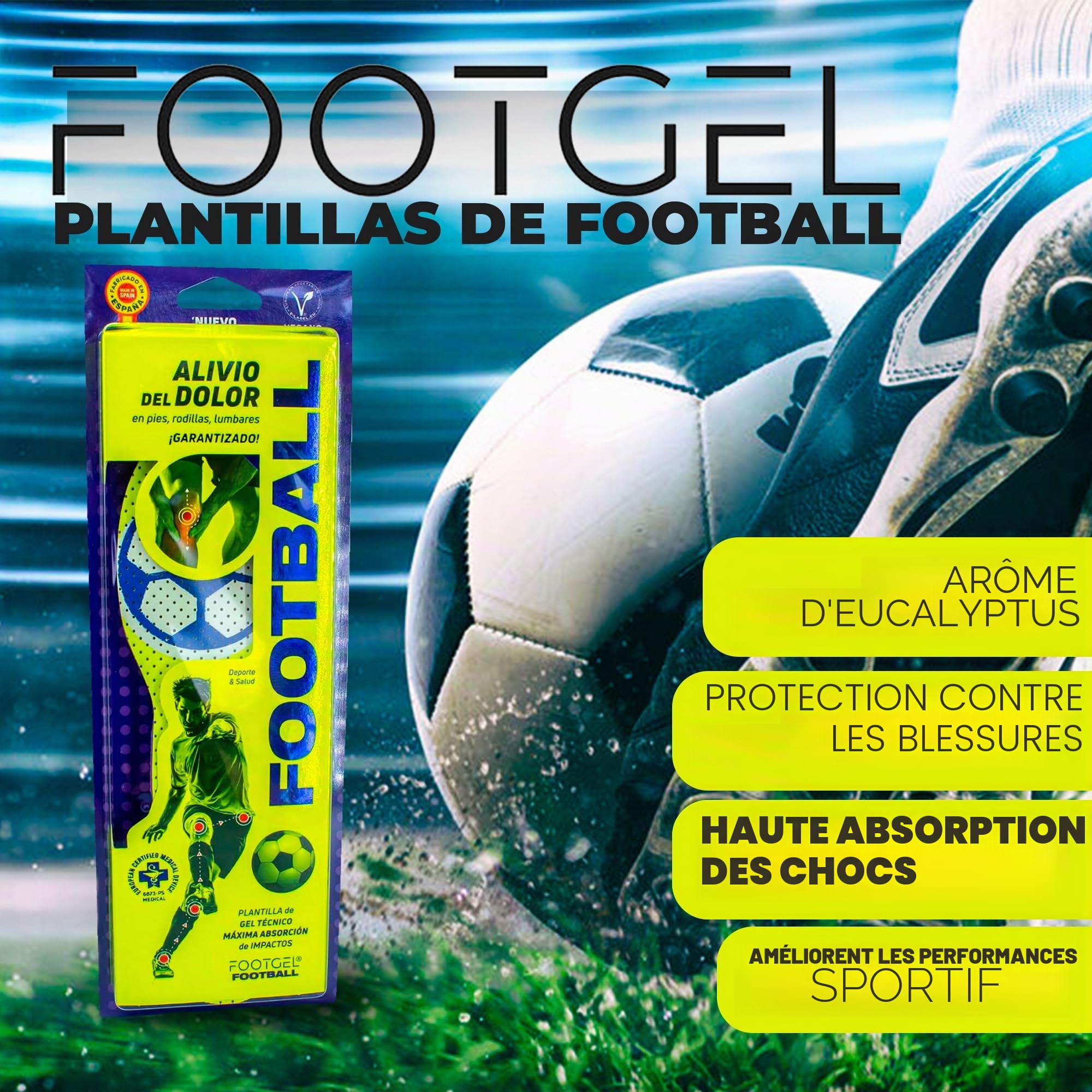 Semelles Chaussures Football | Semelles Gel Sport Homme/Femme Respirantes et Confortables | Stabilisent, Aident à Prévenir les Blessures et les Douleurs aux Pieds, Lombaires | Tailles 35-38