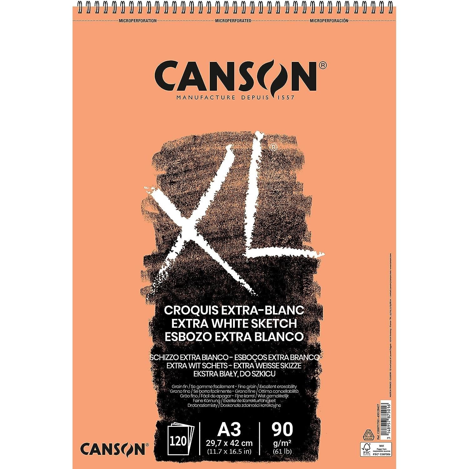 Canson XL Extra Blanc Lot de 2 Albums de Papier à dessin spiralés petit côté 120 feuilles 90 g A3 Blanc Pur