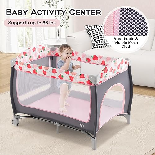 Miniatura 2 de BABY JOY 4 en 1 Pack and Play, corralito portátil para bebé con moisés, puerta lateral con cremallera, cambiador, centro de guardería de viaje para