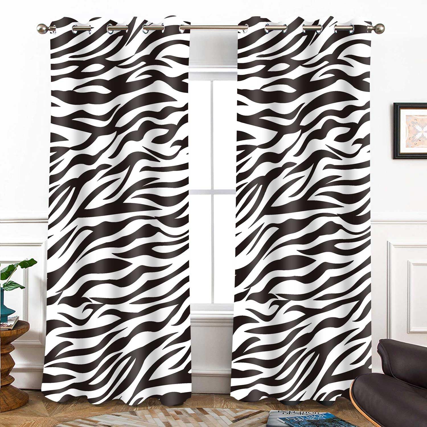 BSPPTI Animals Zebra Print Curtain, Room Darkening Thermal Insulated Blackout Fashion Black White Window Drapes with Grommets for Living, Dining, Bedroom, 52"x 84", Set of 2 Panels, CLDWSP0207