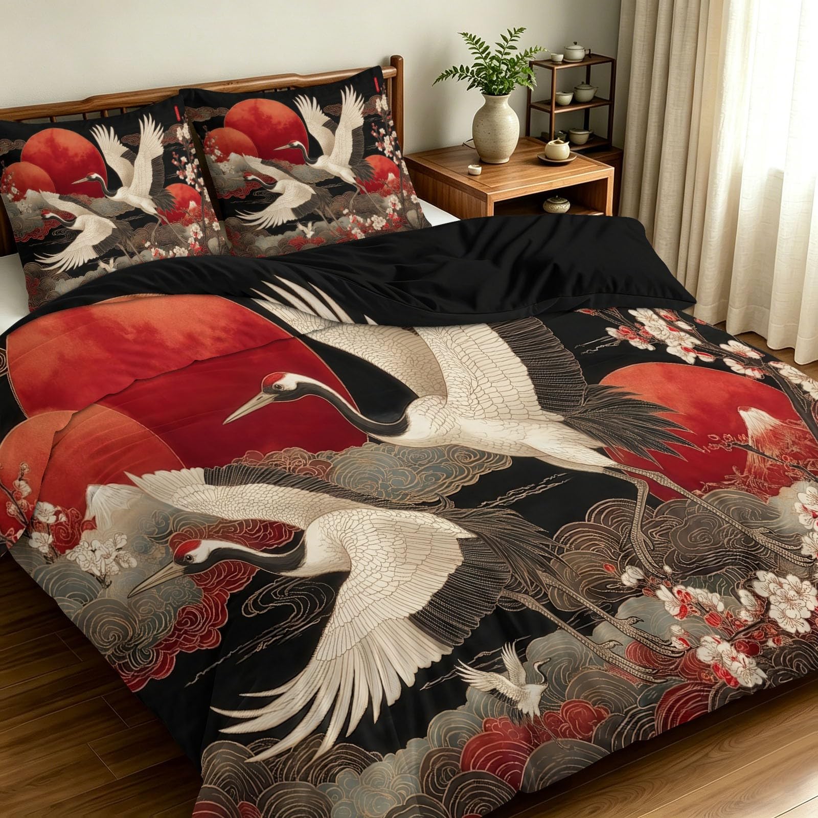 Parure de lit 2 personnes ukiyo-e imprimé fleur de cerisier pour chambre parentale zen