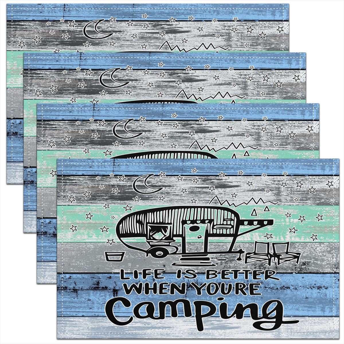 Happy Camping Placemat for Kitchen Dining Table Indoor Outdoor,Camper Placemats Set of 4 RV Camping Table Place Mats, Microfiber Cartoon Camping Car Table Mat 45x30cm