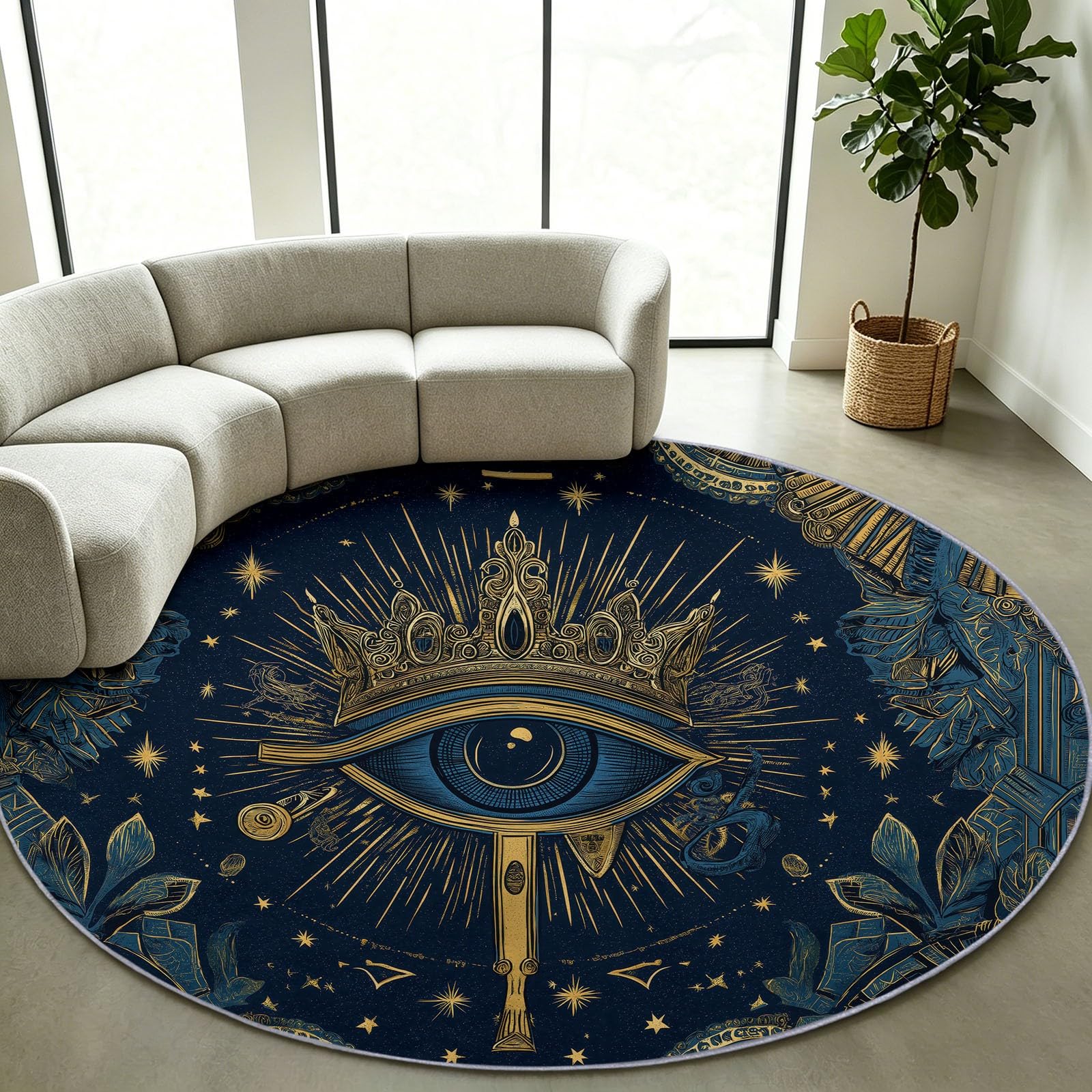 Generisch Okrągły dywan w stylu boho, do salonu, Ø 100 cm, miękkie krótkie runo, antypoślizgowy spód, łatwy w pielęgnacji, czarne oczy, korona do sypialni, dywan kuchenny