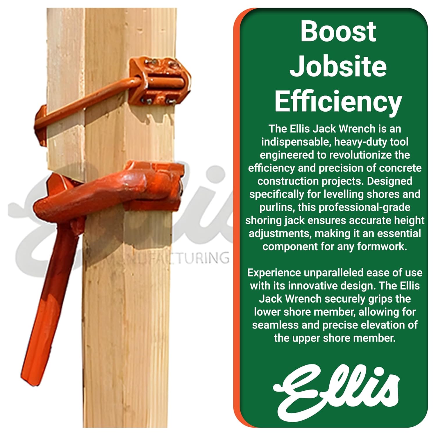 ELLIS Manufacturing Company Shore Jack Wrench for Concrete Forms - Level 4x4 Shores, Purlins - Heavy Duty Hand Tool for Construction, Mechanic & Carpenter Use - 2,000 lb Max Lift