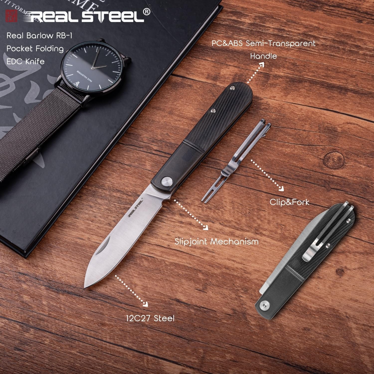 REALSTEEL Real Barlow RB-1 Pocket Knife,Folding Knives,Detachable Fork Clip,2.87" 12C27 Steel Satin Blade,1.5oz,Slipjoint,Nail Nick,EDC Indoor,Daily Use,Gift for Men Women(Black Drop Point)