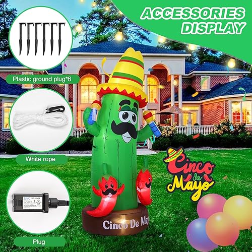 Miniatura 5 de Decoración inflable de carnaval del Cinco de Mayo de 7 pies, decoración inflable de cactus para carnaval mexicano, luz LED integrada, adecuada para