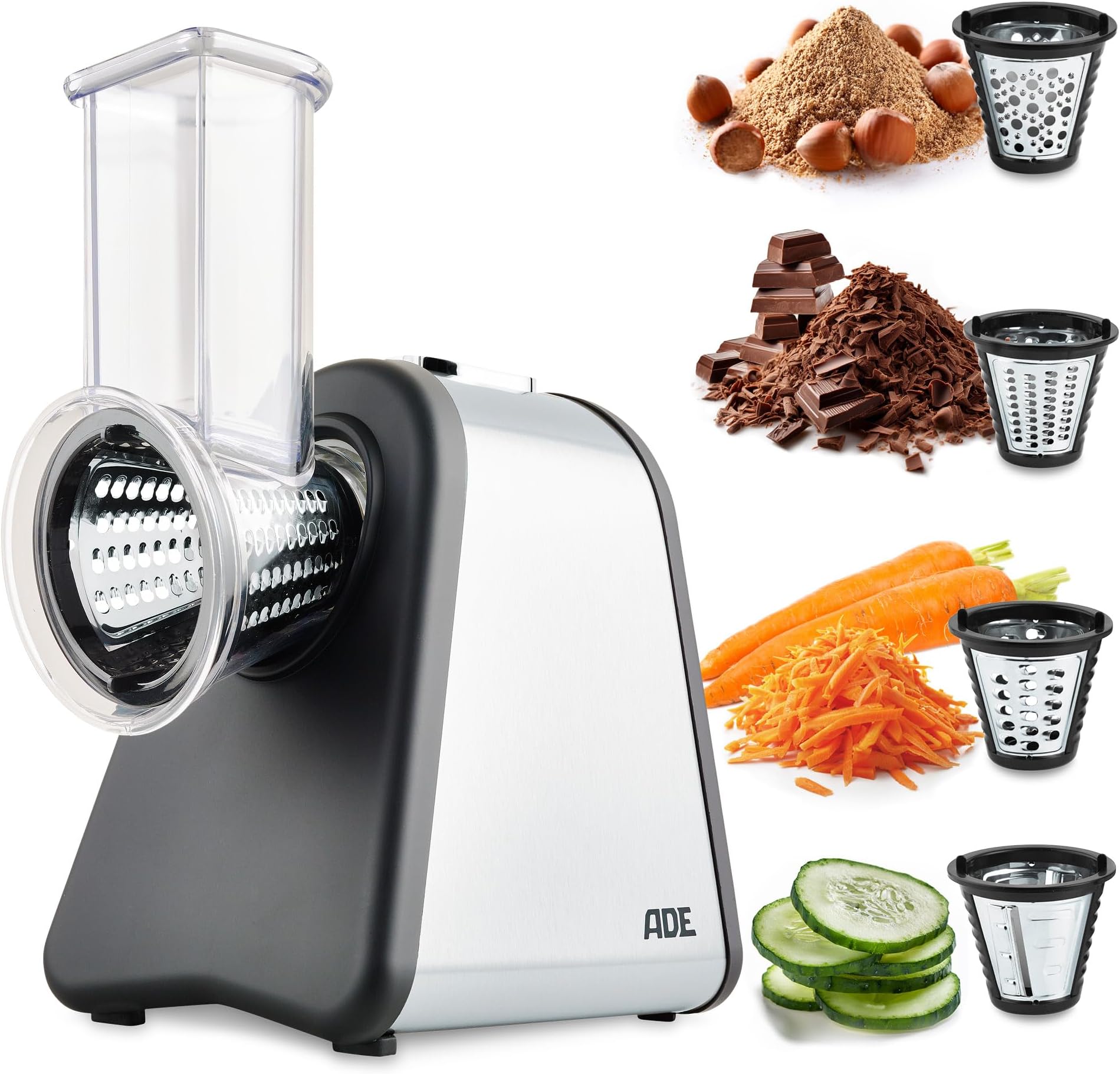 ADE Electric grater KA1802 Electric kitchen grater (vegetable grater, potato grater, cheese grater, 500 watt power, stainless steel housing, extra sharp blades) silver black