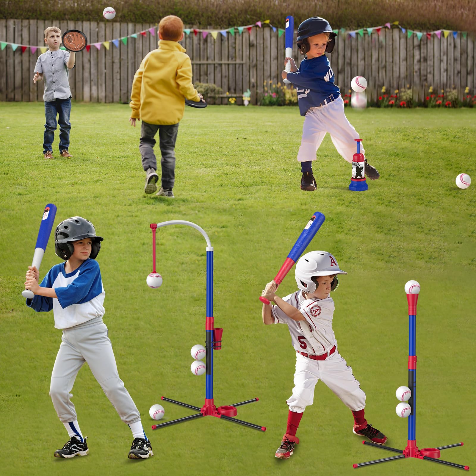 4-in-1 Baseball Set mit Klettballspiel für Kinder 3-5, Tee Stand und Catch Set - Launcher und 6 Softbälle, Einstellbare Höhe, Indoor Outdoor Spielzeug Geschenke für Jungen, blau