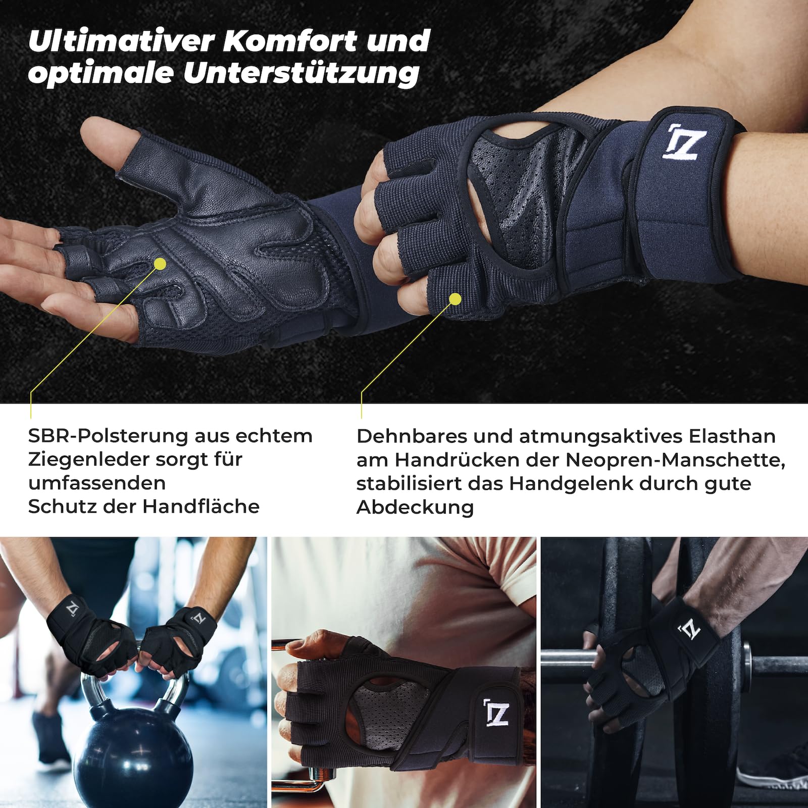 OOZi Guanti da fitness senza dita per uomo e donna, fascia da polso, resistenti impugnature in vera pelle sul palmo della mano, guanti da allenamento per sollevamento pesi, palestra