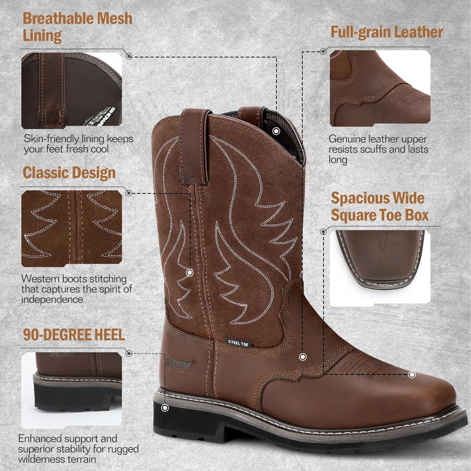 Showave Steel Toe Cowboy Boots for Men Western Square Toe Work Boot Full-grain Leather Safety Boots with Hazard Protection for Construction Manufacture Farming - Image 3