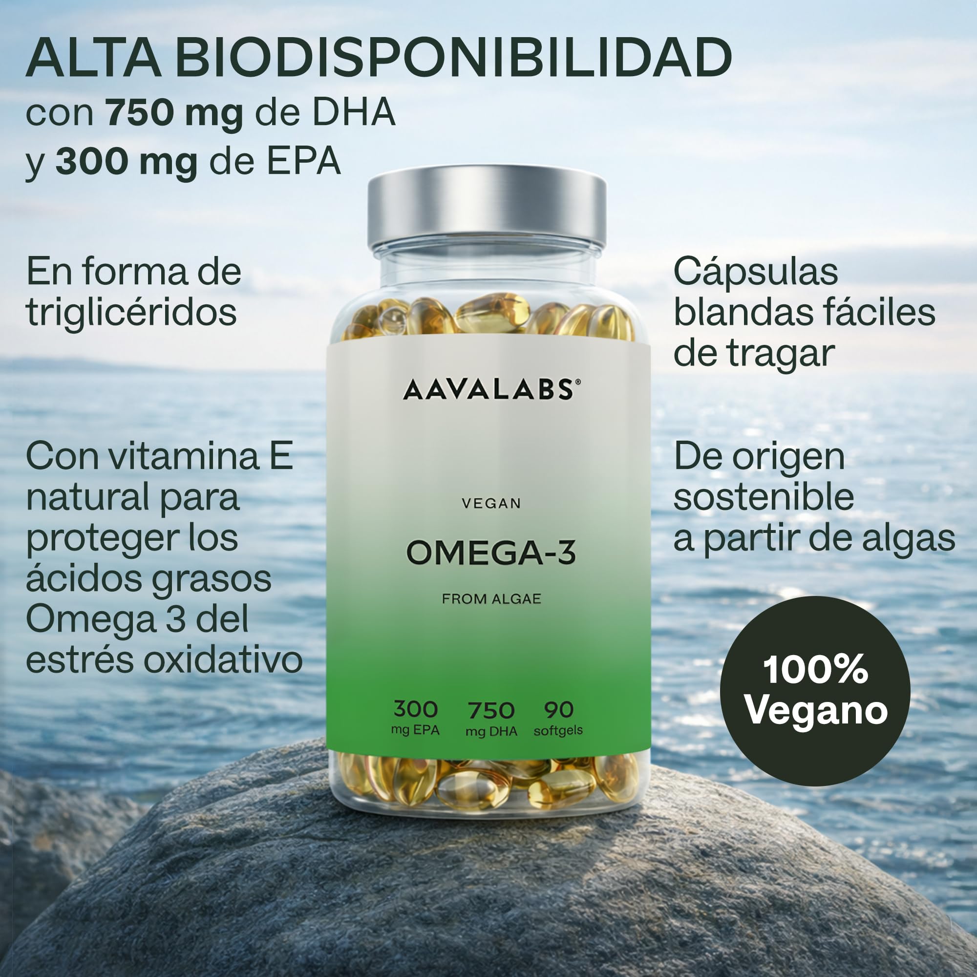 Omega 3 Vegano Aavalabs [ 1500 mg ] - de Aceite de Algas de Origen Vegetal Sostenible 750 mg DHA + 300 mg EPA por Dosis Diaria - Pureza Nórdica - 100% Vegano - 90 Cápsulas blandas