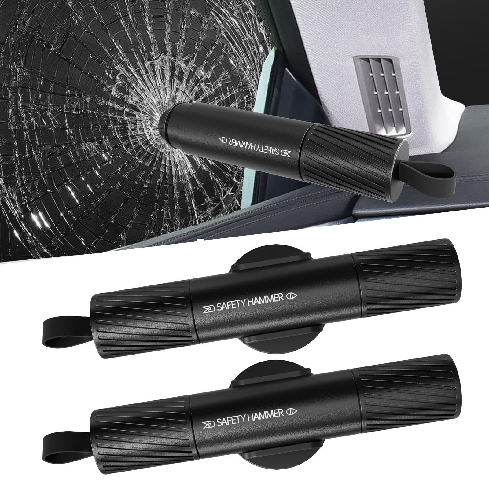 2 Pack Car Safety Hammer Car Window Breaker Seatbelt Cutter Emergency Escape Tool Car Glass Breaker for Land and Underwater Life-Saving Car Safety Kit Essentials Car Accessories (Black+Black)