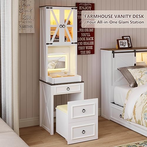 Miniatura 12 de Escritorio de tocador con estación de carga y taburete oculto, mesa de tocador de maquillaje con espejo abatible y luces, tocador con sensor de