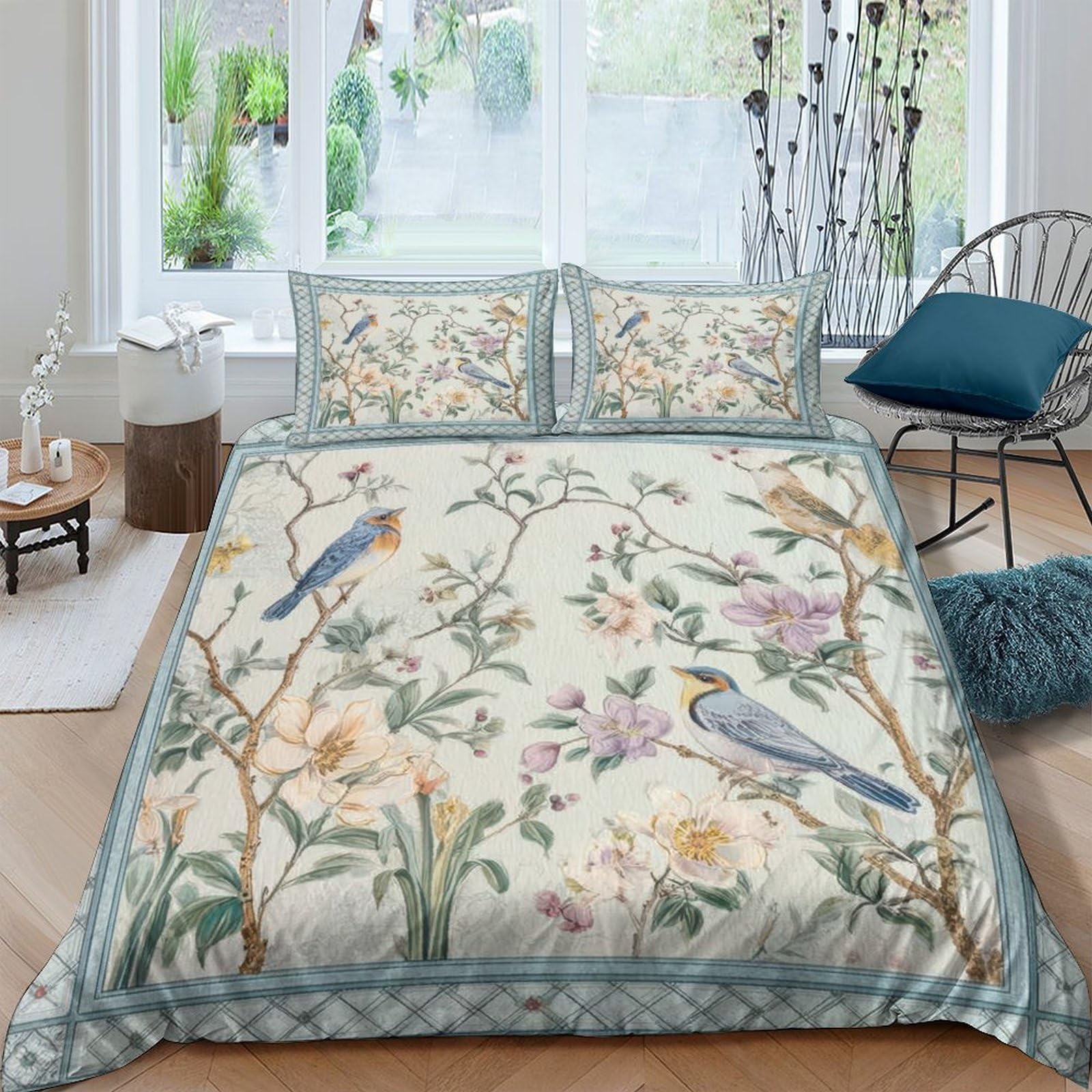 Ctjqhvkz Style-2 3D Printed Chinoiserie Bird Fitted Sheet Microfiber Soft Elegant Floral Branch Mattress Cover Bedroom Decor Single（135X200cm）