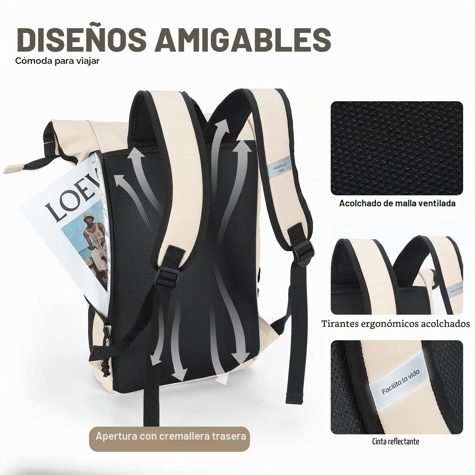 Lekeinchi Mochila Enrollable Hombre & Mujer - Rolltop Extensible Mochila Portátil 17" Impermeable Mochila Ordenador Casual Bolso para Viaje, Uni, Trabajo, 18-25L, Beige