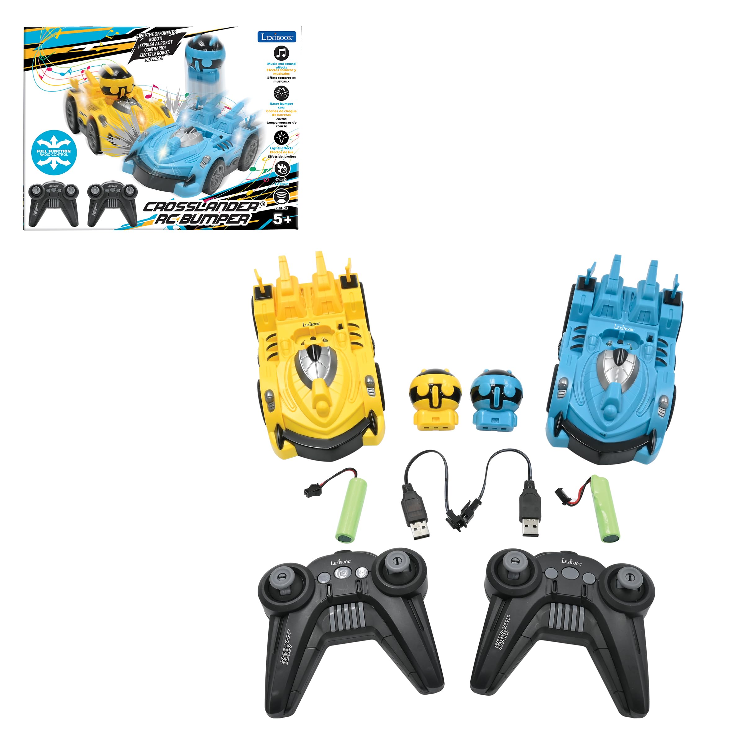 Lexibook, Crosslander® RC Bumper, Set of 2 Radio-Controlled Racer Bumper Cars, up to 12 km/h (7mph), 2 Removable Characters, Sound and Light Effects, Yellow/Blue, RC2