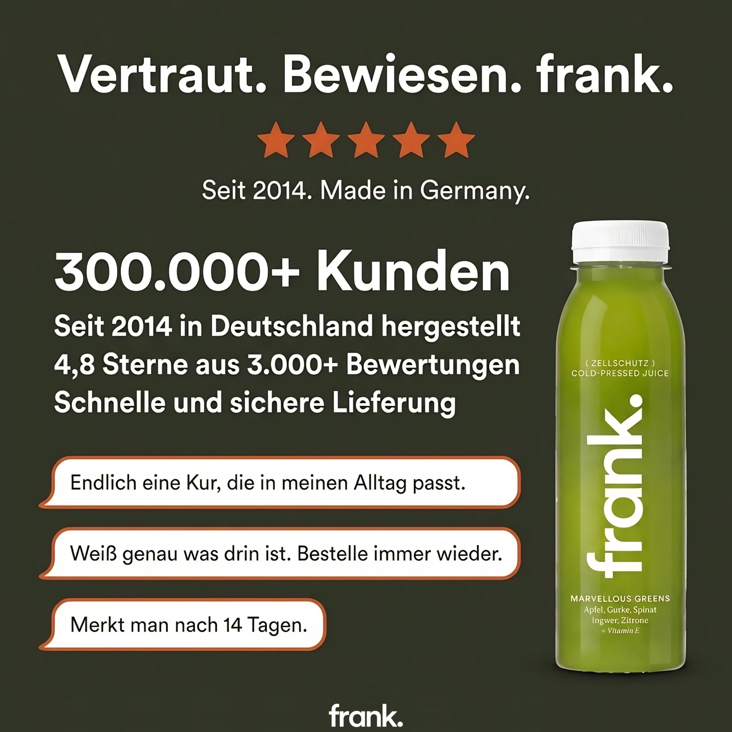 frank. No Breakfast Club 14 Tage Halbtages Saftkur 14 x 330 ml kaltgepresste Säfte 1 x 500 ml Ingwer Shot HPP Direktsaft vegan