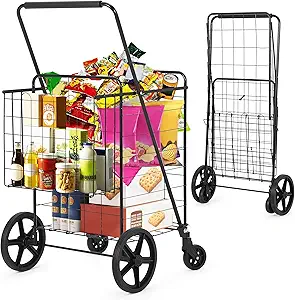 Large Folding Shopping Cart with Wheels, Rolling Foldable Grocery Cart with Double Basket, Portable Collapsible Utility Cart for Laundry, Luggage Camping, Locking Latch