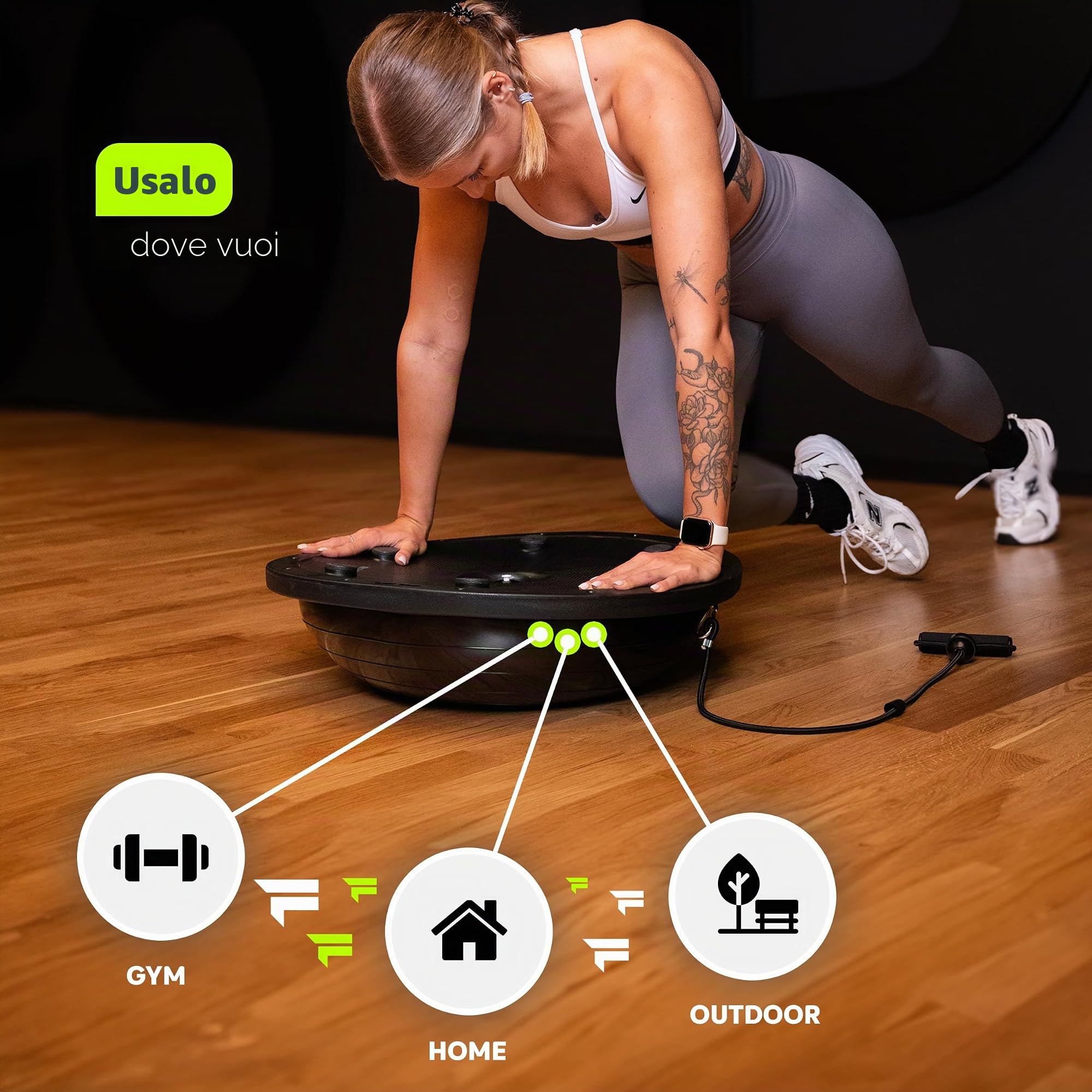 FIZYO Balance Trainer Mezza Sfera Ø 58 cm – Palla da Equilibrio Antiscivolo con Bande di Resistenza & Pompa per Allenamento Core, Yoga, Pilates, Fitness, Fisioterapia & Riabilitazione (Nero)