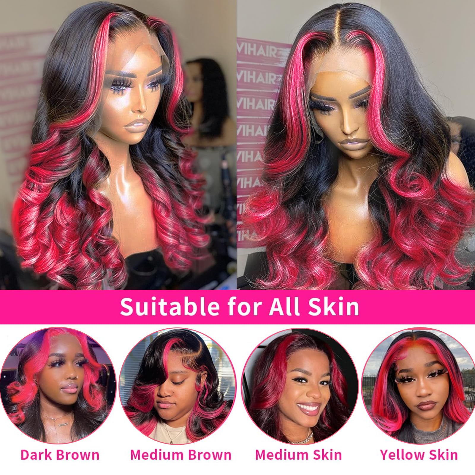 haha 13x6 Ombre Pink Lace Front Wig Human Hair Black and Hot Pink Highlight Wig Body Wave Hd Lace Frontal Wig Glueless Pre Plucked Bleached Knots Skunk Stripe 180% Density 20 Inch