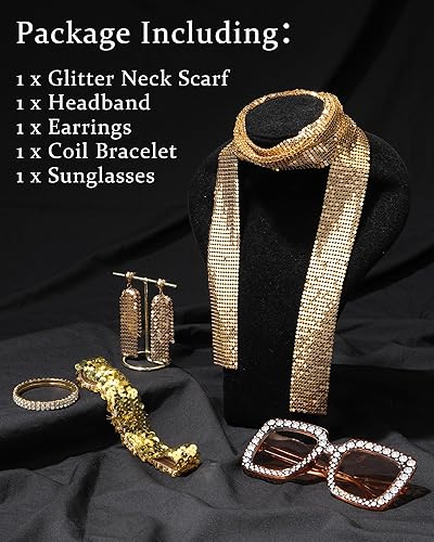 Miniatura 9 de AWAYTR Accesorios de discoteca de los años 70 para mujer, 5 piezas, bufanda de lentejuelas, aretes de discoteca, lentes de sol, diadema, pulsera