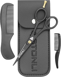 Professional 5’’Beard & Mustache Grooming Kit for Men – Precision Beard Scissors, Mustache Scissors, Moustache Comb, Beard Trimming Scissors, Mustache Care Set with Leather Case (Black)
