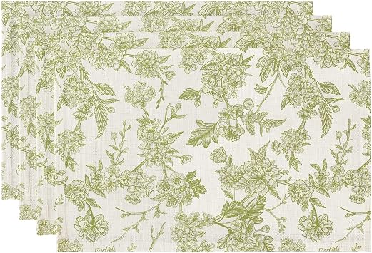 QIYI Boho Placemats Set of 4, 12x18 Inch Linen Fabric Floral Place Mats for Kitchen Dinning, Farmhouse Rustic Cloth Table Mats, Washable Placemat Party Table Decor, Green Botanical Art