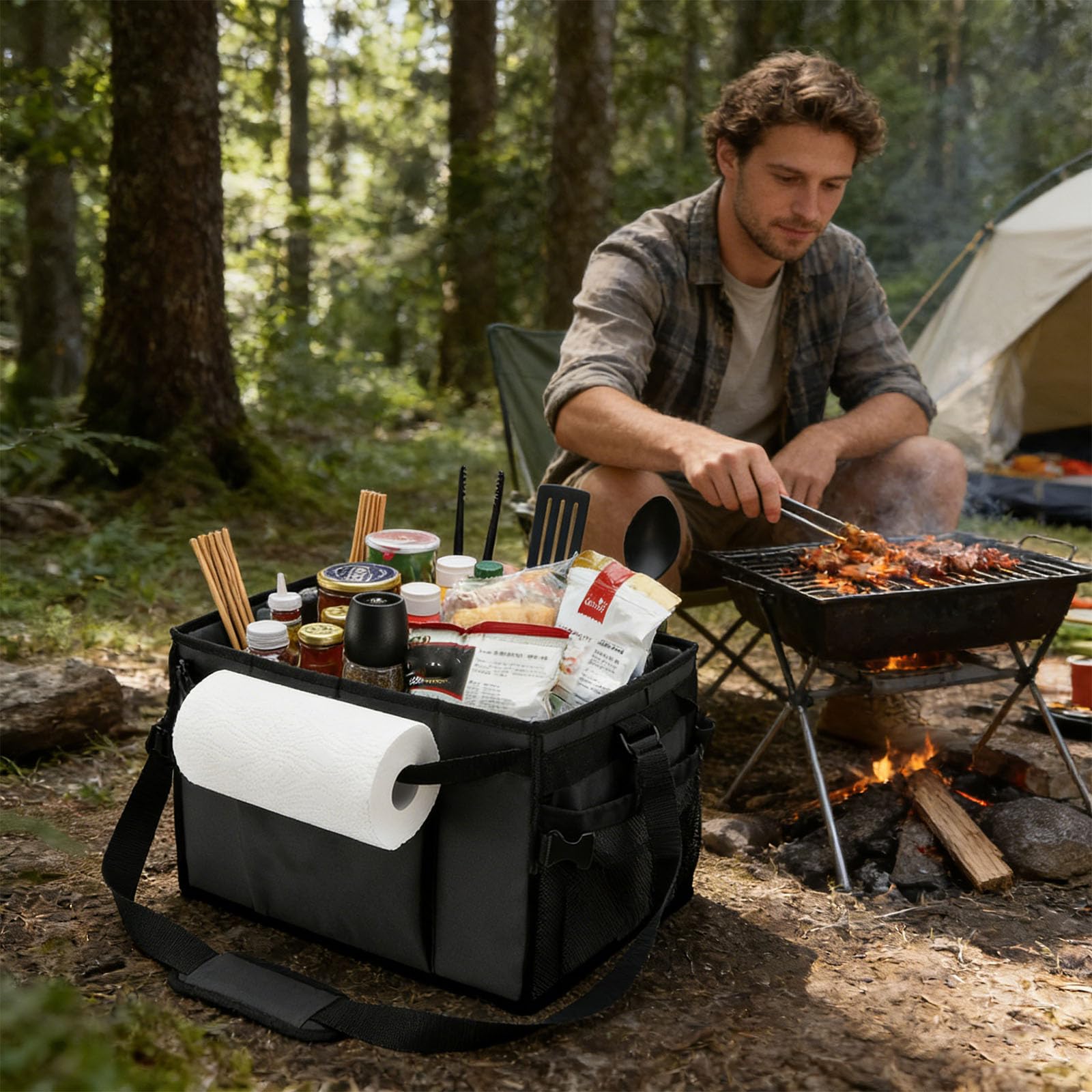 Transportador de equipo de cocina al aire libre con correa extraíble para el hombro y bolsillos de tela ajustables para ocasiones, planificador de barbacoa de gran capacidad