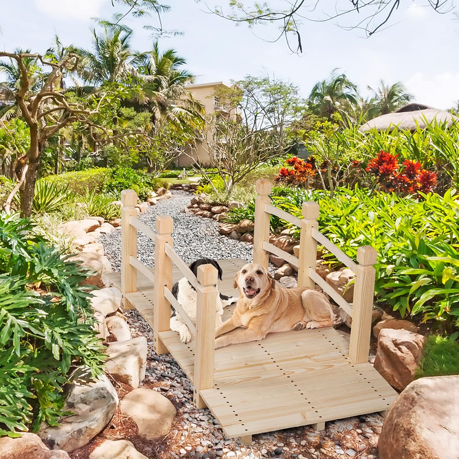 Wooden Garden Bridge, Outdoor Arched Walkway with Safety Rails, 220 lbs Capacity, Small Cedar Wood Footbridge Over Pond for Backyard, Patio, Lawn Decoration, 59” x 26.5” x 22” (Natural)