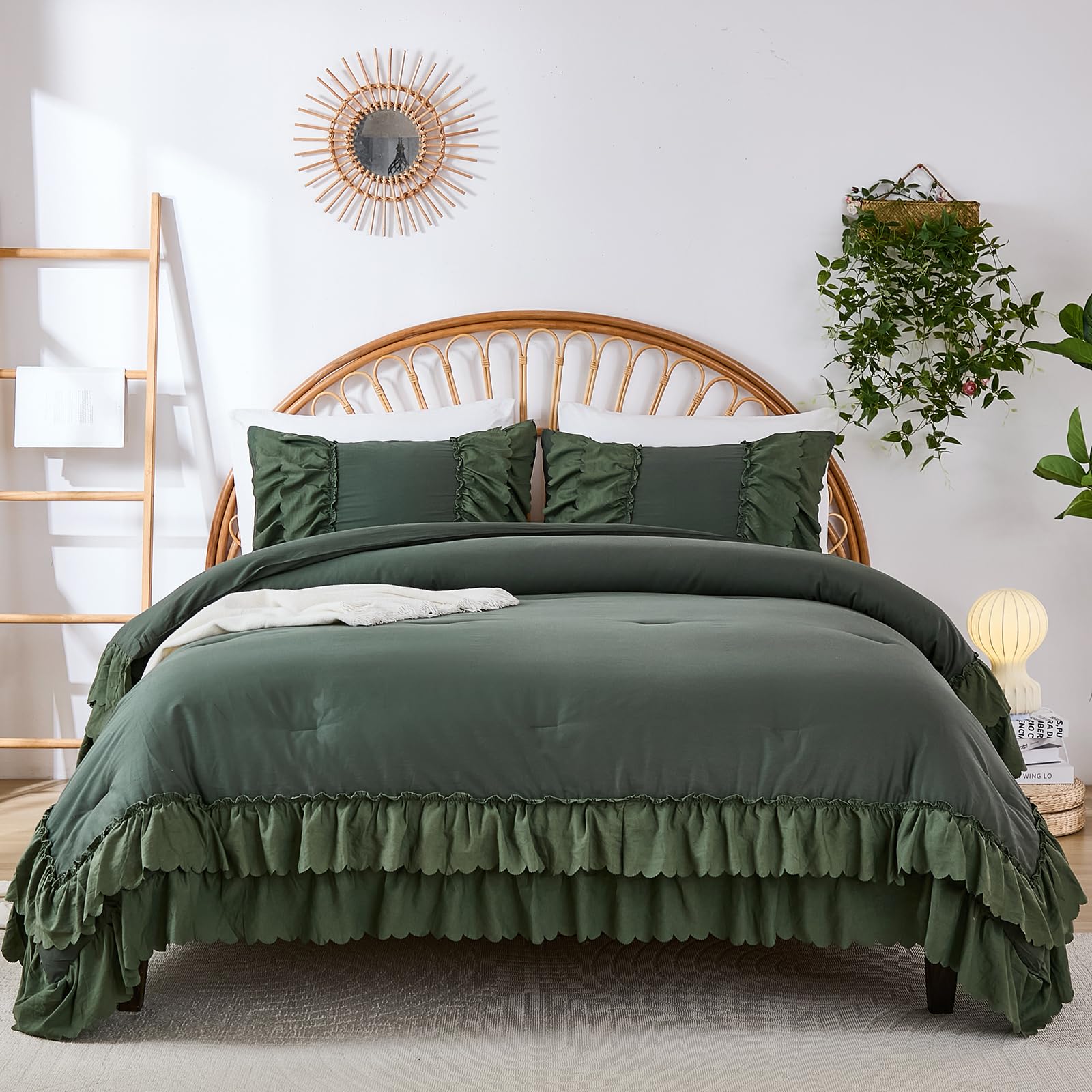 Herside Olive Green Cotton Comforter Queen Size,Boho Ruffle Bedding Set,2 Layers Ruffles Fluffy Vintage Comforter Home Decor,Farmhouse 3 Pcs Soft and Breathable Lightweight Quilt Set for Women Girls