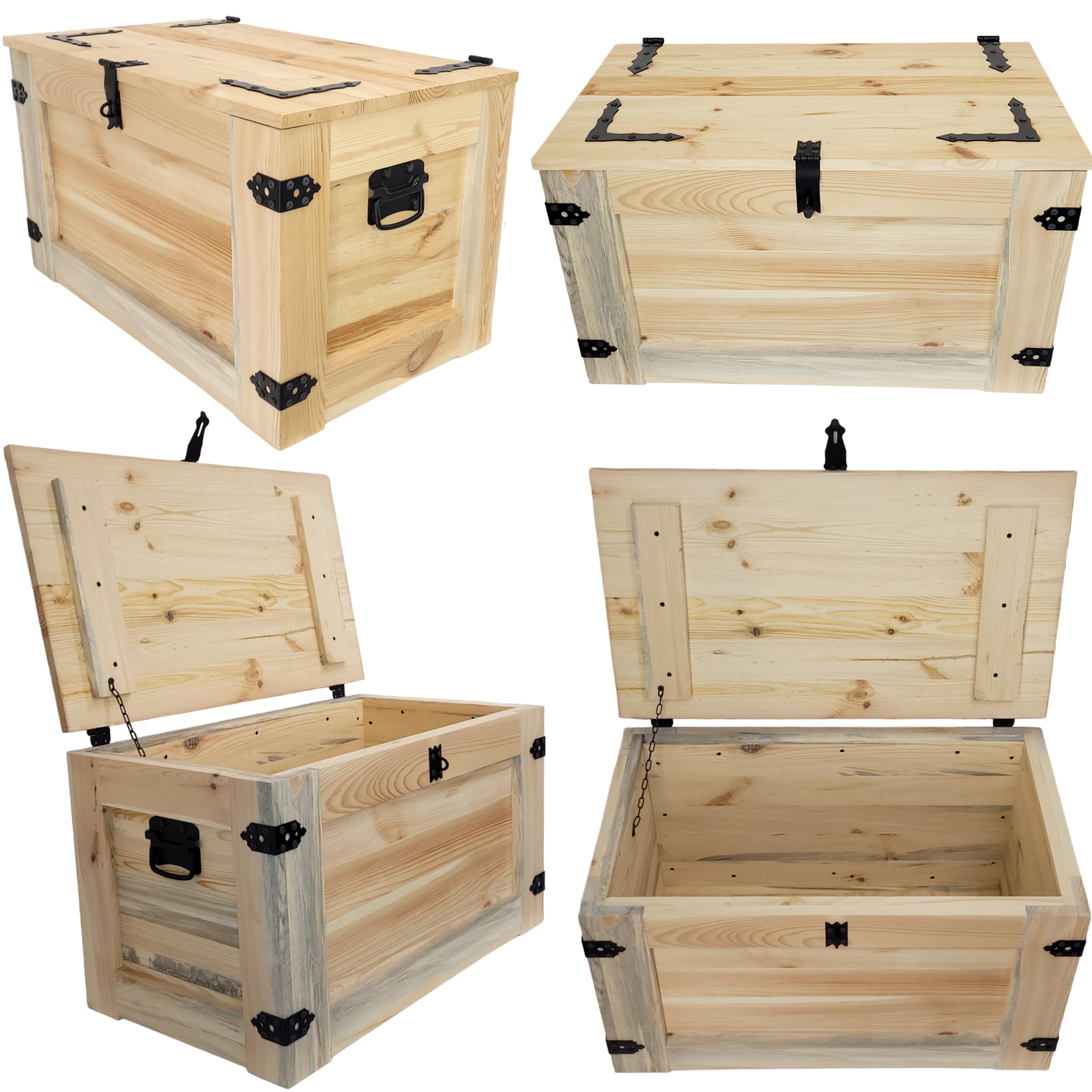 weeco Holzkiste mit Rädern 80x45x45cm, Hölzerne Truhe unbemalt rohes Holz Malen Sie die Kisten in einer beliebigen Farbe, Beistelltisch im Vintage-Shabby-Chic-Stil, aufklappbare Platte und Stauraum