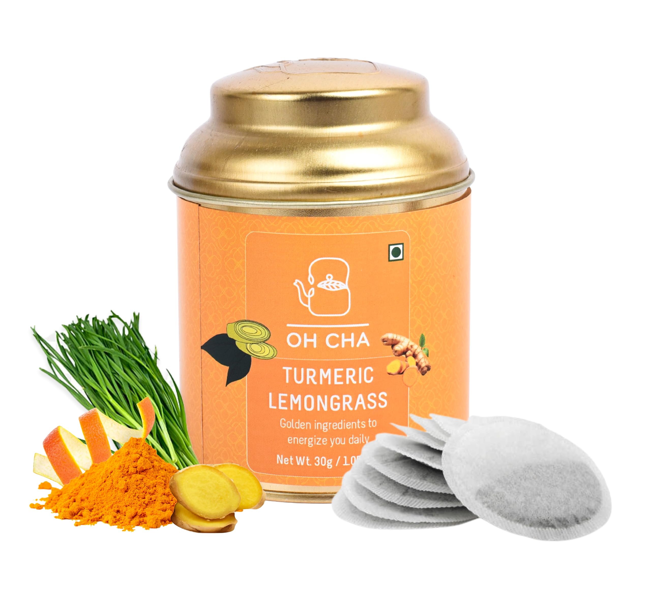OH CHA - Turmeric Tea with Ginger, Lemongrass | 100% Eco Friendly Herbal Tea Bags, 15pcs | Turmeric Ginger Herbal Tea for Immunity | All in one Herbal Tea with 7+ Wellness Herbs